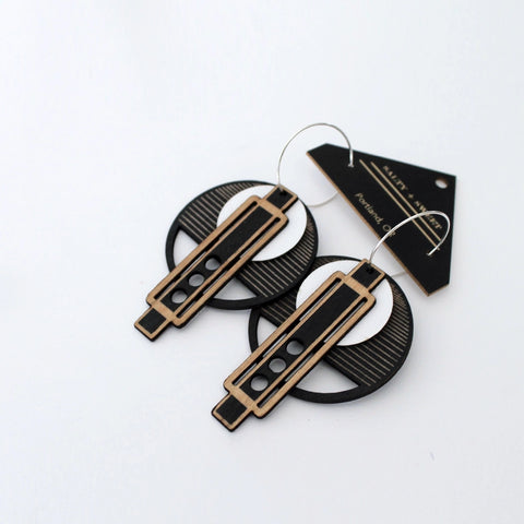 Architectural Lightweight Leather+Birch Earring: Wright Black